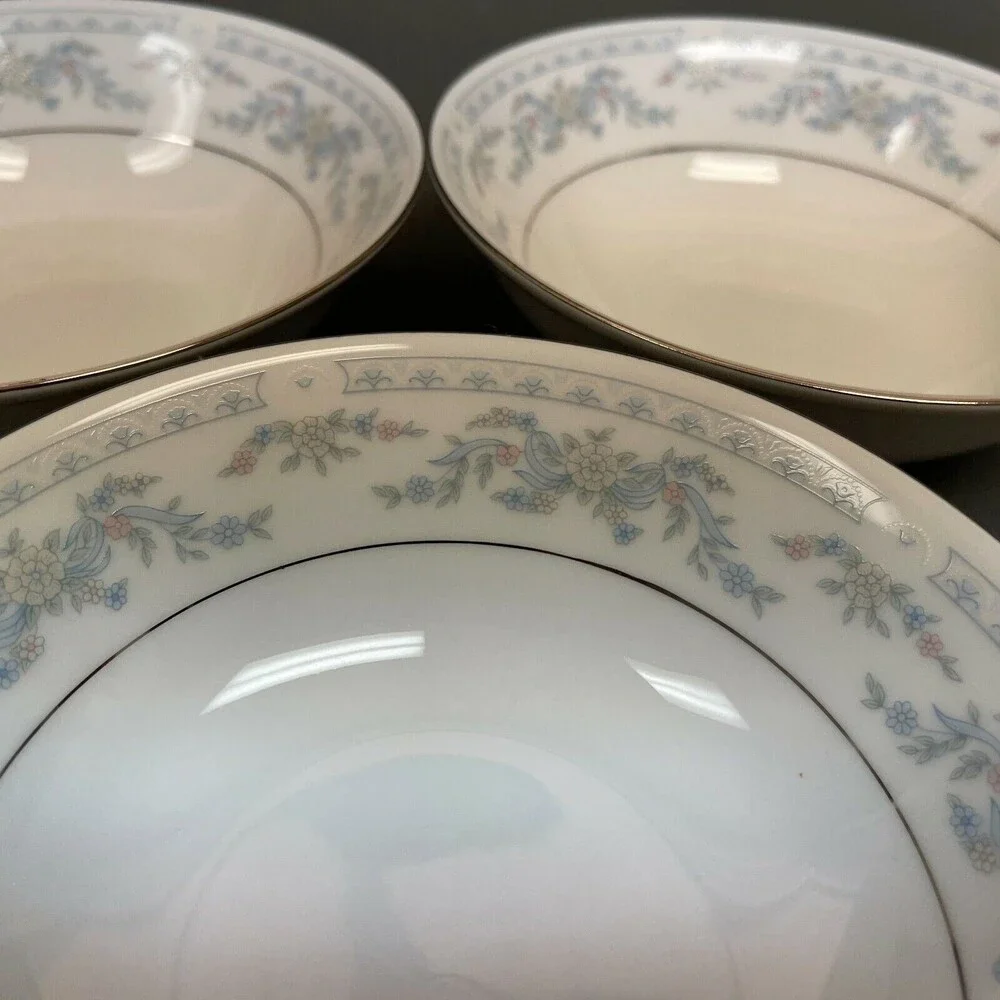 Somerset NL Excel Soup Cereal Bowl Floral‎ White Blue Platinum Trim Lot of 3